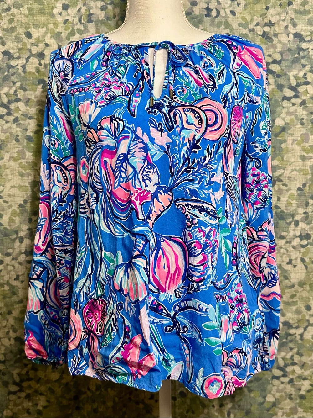 Lilly Pulitzer Blue Pink Ocean Print Tassel Blouse Size S - Picture 3 of 7